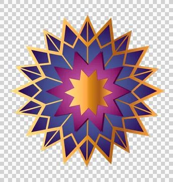 Flat rosette featuring gold frame blue-magenta layers central gold star Stock Illustration