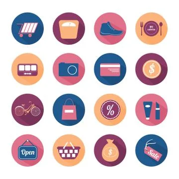 Flat round icon set with long shadow Stock Illustration