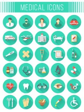 Flat round vector medical and healthcare icons with long shadows Stock Illustration