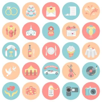 Flat round wedding icons Stock Illustration