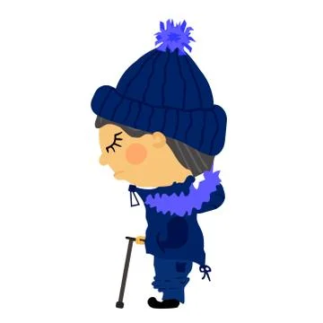Flat sad old blind man stands in winter clothes with fur. A guy in a knitted Stock Illustration