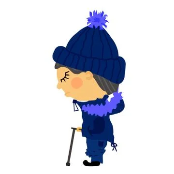 Flat sad old blind man stands in winter clothes with fur. A guy in a knitted Stock Illustration