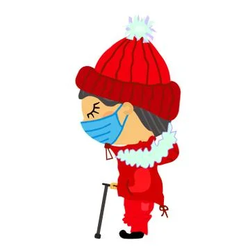 Flat sad old blind man in medical mask stands in winter clothes with fur. A guy Stock Illustration