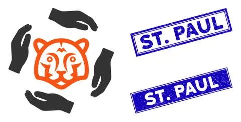 Flat Save Tigers Icon and Scratched Rectangle St. Paul Stamp Seals Stock Illustration
