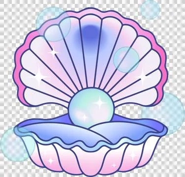 Flat scallop shell featuring glowing pearl, sparkling bubbles, transparent Stock Illustration