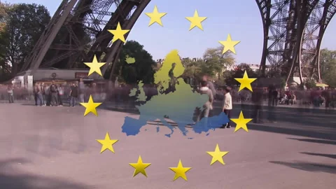 Flat scene showing translucent Europe map overlaying Paris plaza under Eiffel Stock Footage 308025000