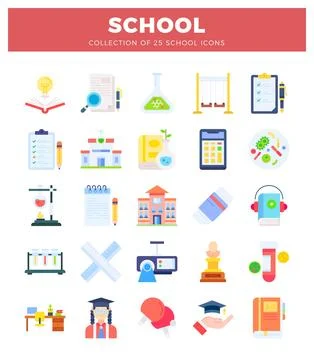 Flat school and education icons on white background. Ilustración de archivo