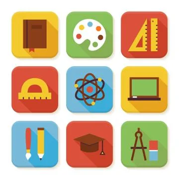 Flat School and Education Squared App Icons Set Stock Illustration