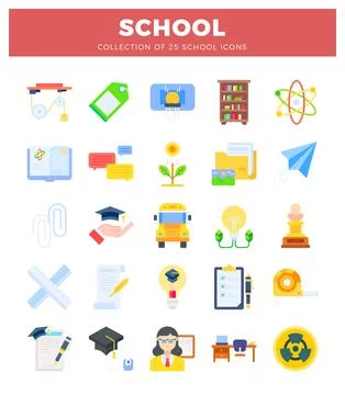 Flat school icon collection with education and learning symbols Illustrazione stock