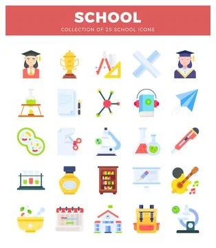 Flat school icons collection for educational or academic themes. Stock Illustration