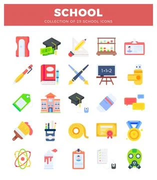 Flat school icons collection isolated on white background. Ilustración de archivo