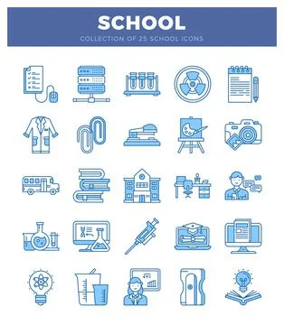 Flat school icons collection with science and education symbols in blue. Stock Illustration