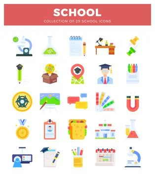 Flat school icons collection on white background Stock Illustration