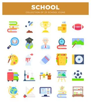 Flat school icons with diverse learning and classroom elements. Stock Illustration