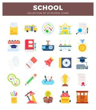 Flat school icons with educational and learning elements on white background. Stock Illustration