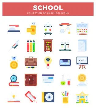 Flat school icons in a grid layout with a red header. Stock Illustration