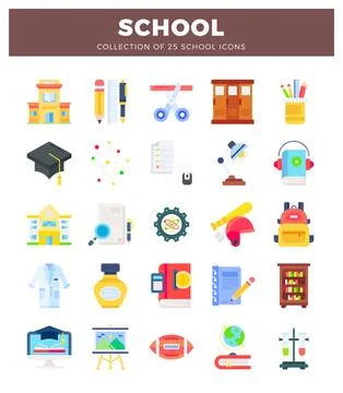 Flat school icons. including buildings. stationery. and sports equipment. o.. Stock Illustration