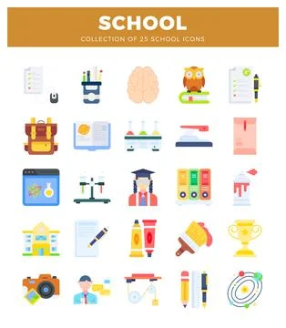 A flat school icons on a white background. including education and learning.. Stock Illustration