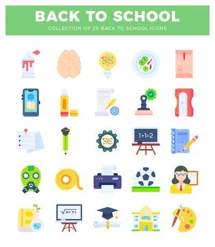 Flat school icons on a white background with green title Ilustración de archivo