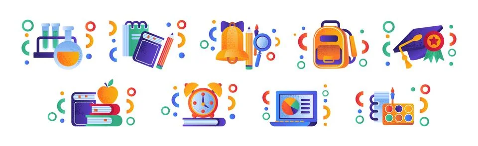 Flat School Items and Supply for Education Vector Set Illustrazione stock