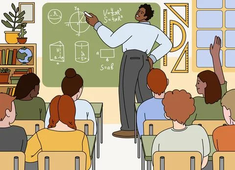 Flat school man teacher standing at chalkboard and teaching mathematics Illustrazione stock
