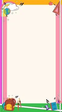 Flat school-supplies frame is showing cream center, rainbow arch, backpack, Stock Illustration