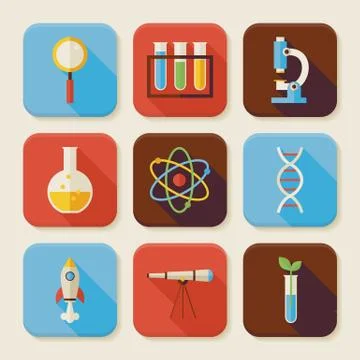 Flat Science and Education Squared App Icons Set Stock Illustration