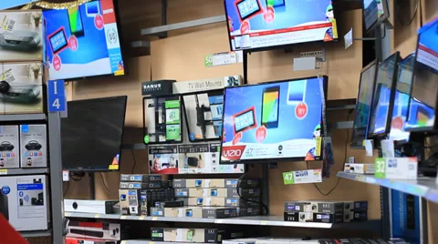 Flat screen televisions and electronics on display. Stock Footage 33689237