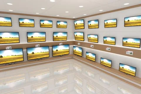 Flat-screen televisions are being showcased in showroom with wood trim, glossy Stock Illustration