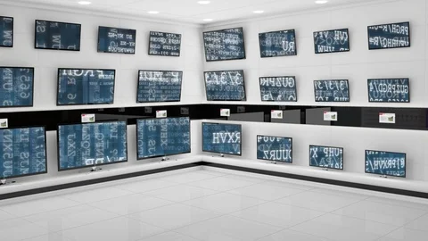 Flat screen televisions on display with interface codes on their screens Stock Footage 108517268
