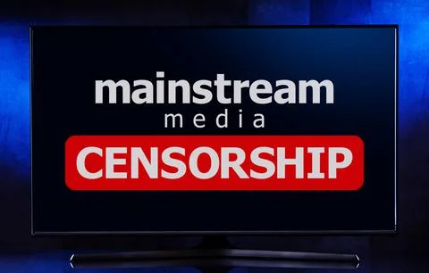 A flat-screen TV set displaying the watchword: mainstream media censorship Stock Photos