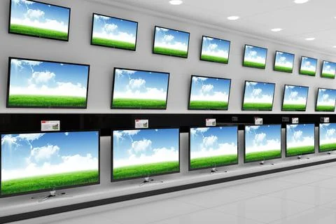 Flat-screen TVs with price tags are displaying green meadow and blue sky in flat Stock Illustration