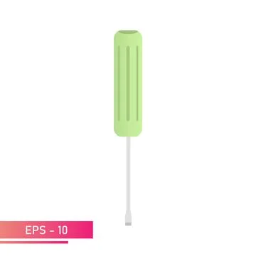 Flat screwdriver with green handle, simple classic shape. Realistic design. On a Stock Illustration