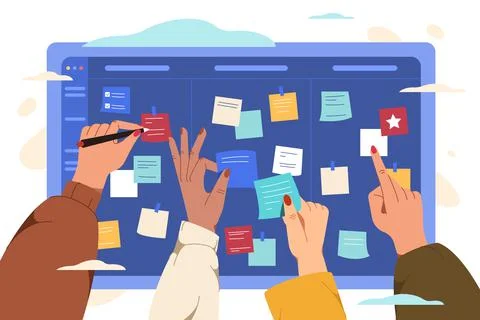 Flat scrum task board with human hands and color paper stickers Stock Illustration