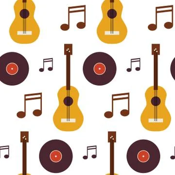 Flat Seamless Background Pattern Music Vinyl Disc Guitar and Note 스톡 일러스트