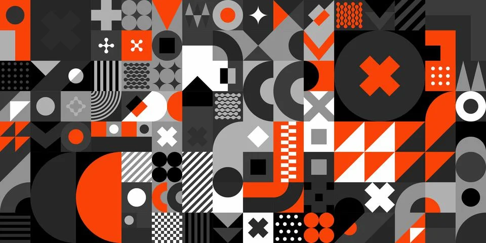 Flat Seamless Dark Abstract Vector Bauhaus Geometric Pattern Background Design Stock Illustration