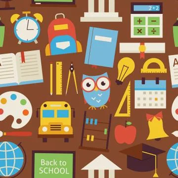 Flat Seamless Pattern Back to School and Education Objects over Brown Stock Illustration