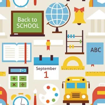 Flat Seamless Pattern Back to School Objects over Beige 스톡 일러스트