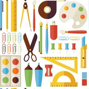 Flat Seamless Pattern Back to School Objects and Office Instruments Stock Illustration