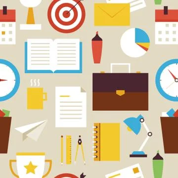 Flat Seamless Pattern Business and Office Objects over Beige Stock Illustration