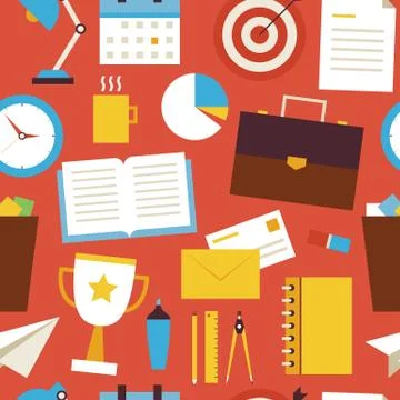 Flat Seamless Pattern Business and Office Objects over Red Stock Illustration