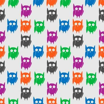 Flat seamless pattern with colorful funny owls Stock Illustration