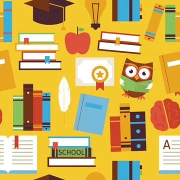 Flat Seamless Pattern Education Books and Knowledge Objects over Yellow Stock Illustration