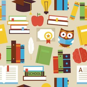 Flat Seamless Pattern Education Books and Knowledge Objects over Beige Stock Illustration