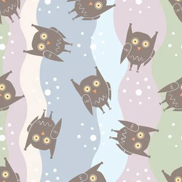 Flat seamless pattern with funny owls on colorful background Stock Illustration