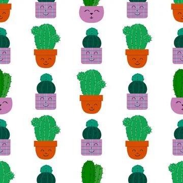 Flat seamless pattern. Hand drawn cactus plant. Cactus fabric pattern, cute p Stock Illustration