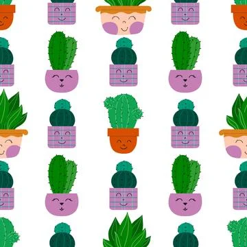 Flat seamless pattern. Hand drawn cactus plant. Cactus fabric pattern, cute p Stock Illustration