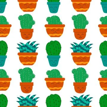 Flat seamless pattern. Hand drawn cactus plant. Cactus fabric pattern, cute p 库存插图