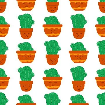 Flat seamless pattern. Hand drawn cactus plant. Cactus fabric pattern, cute p Stock Illustration