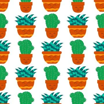 Flat seamless pattern. Hand drawn cactus plant. Cactus fabric pattern, cute p 库存插图